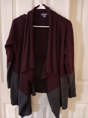 Eddie Bauer Maroon and Gray Draped Open-Front Cardigan